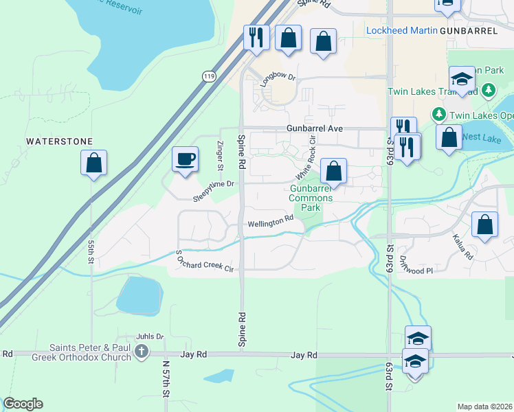 map of restaurants, bars, coffee shops, grocery stores, and more near 5961 Wellington Road in Boulder