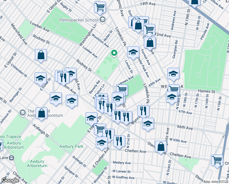 map of restaurants, bars, coffee shops, grocery stores, and more near 6967 North Wister Street in Philadelphia