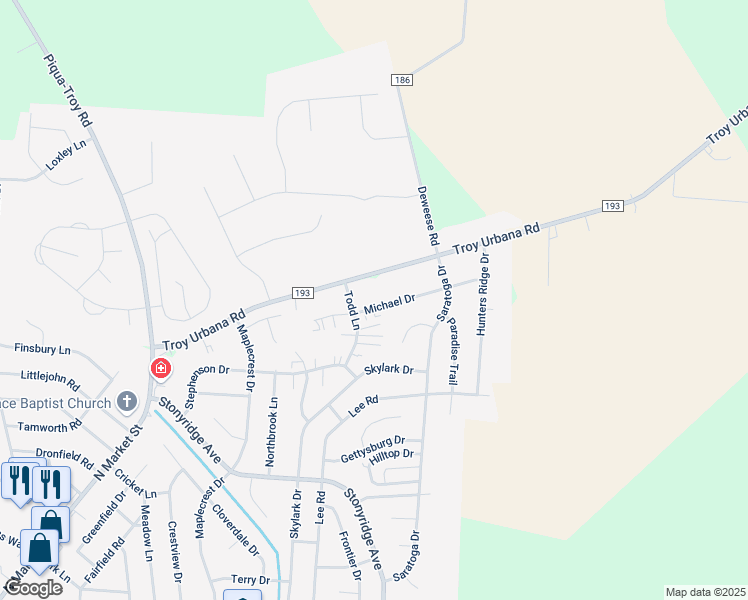 map of restaurants, bars, coffee shops, grocery stores, and more near 1275 Todd Lane in Troy