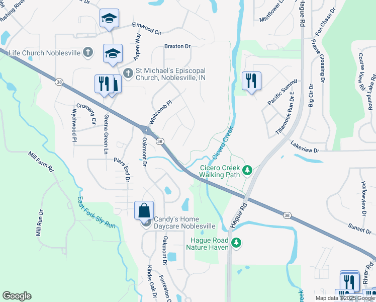map of restaurants, bars, coffee shops, grocery stores, and more near 1616 Sheridan Road in Noblesville