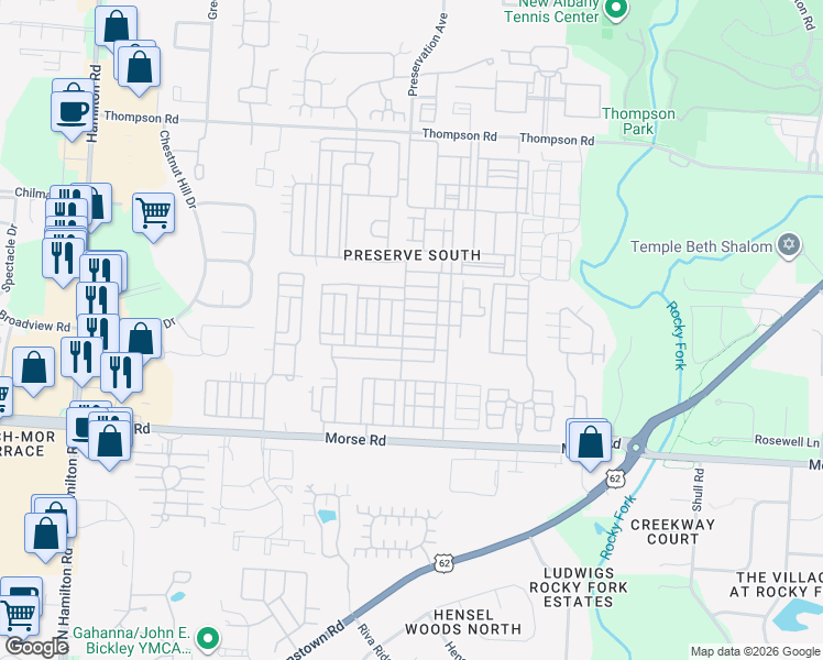 map of restaurants, bars, coffee shops, grocery stores, and more near 6291 Hares Ear Drive in Columbus