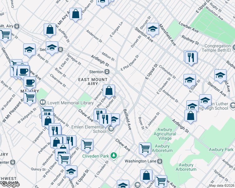 map of restaurants, bars, coffee shops, grocery stores, and more near Sprague Street & East Hortter Street in Philadelphia