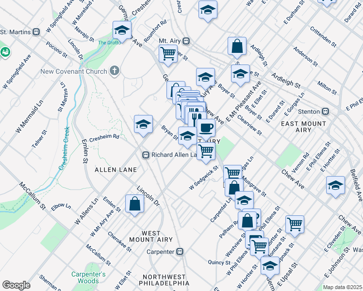 map of restaurants, bars, coffee shops, grocery stores, and more near 7146 Bryan Street in Philadelphia