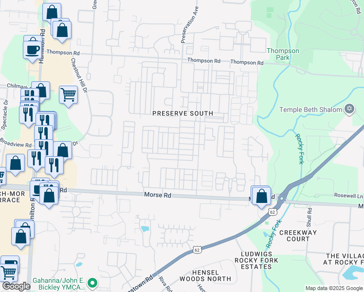 map of restaurants, bars, coffee shops, grocery stores, and more near 6291 Hares Ear Drive in Columbus