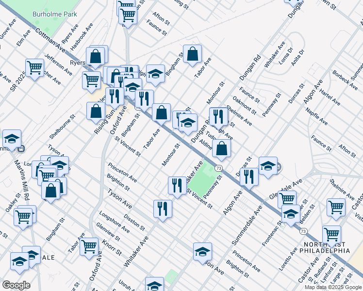 map of restaurants, bars, coffee shops, grocery stores, and more near 1302 Cottman Avenue in Philadelphia