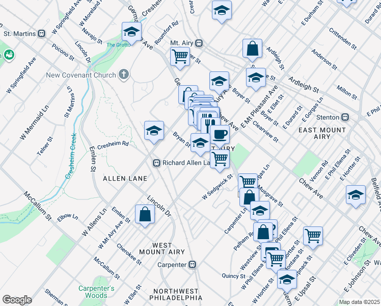 map of restaurants, bars, coffee shops, grocery stores, and more near 7150 Bryan Street in Philadelphia