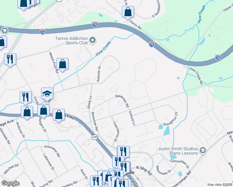 map of restaurants, bars, coffee shops, grocery stores, and more near 126 Pembroke Court in Exton