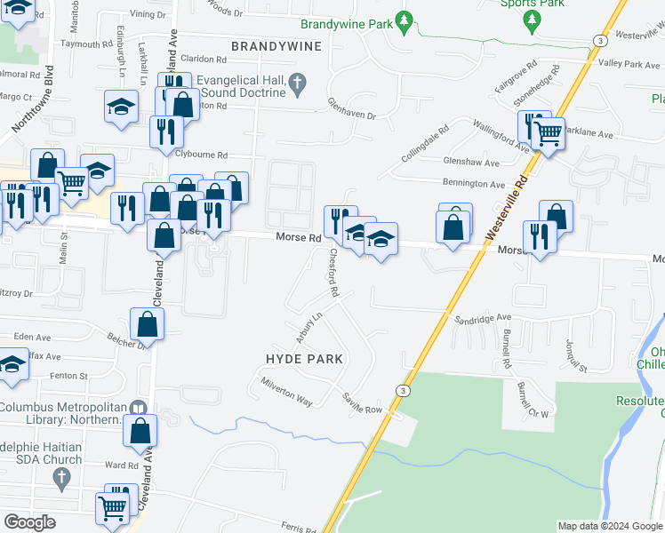 map of restaurants, bars, coffee shops, grocery stores, and more near 4301 Chesford Rd in Columbus