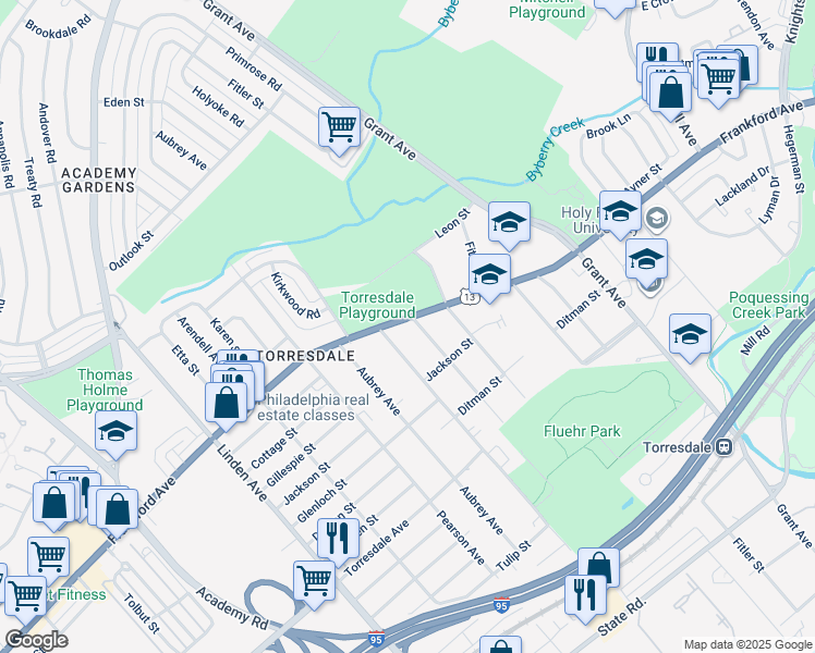 map of restaurants, bars, coffee shops, grocery stores, and more near 9541 Frankford Avenue in Philadelphia