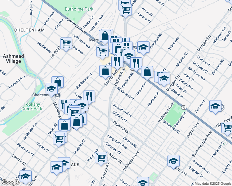 map of restaurants, bars, coffee shops, grocery stores, and more near 7136 Bingham Street in Philadelphia