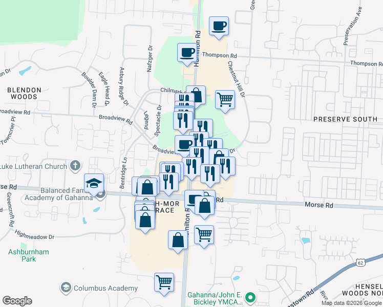 map of restaurants, bars, coffee shops, grocery stores, and more near N Hamilton Rd & Broadview Rd in Columbus