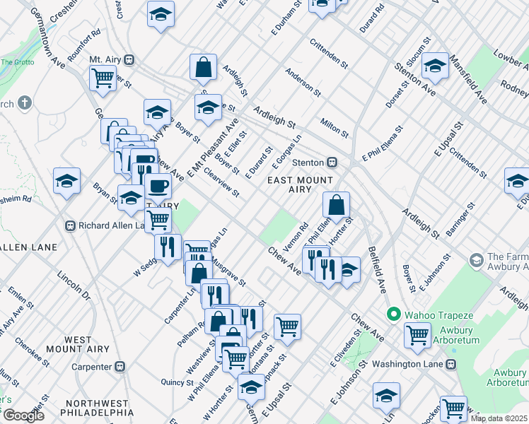 map of restaurants, bars, coffee shops, grocery stores, and more near 252 Meehan Avenue in Philadelphia