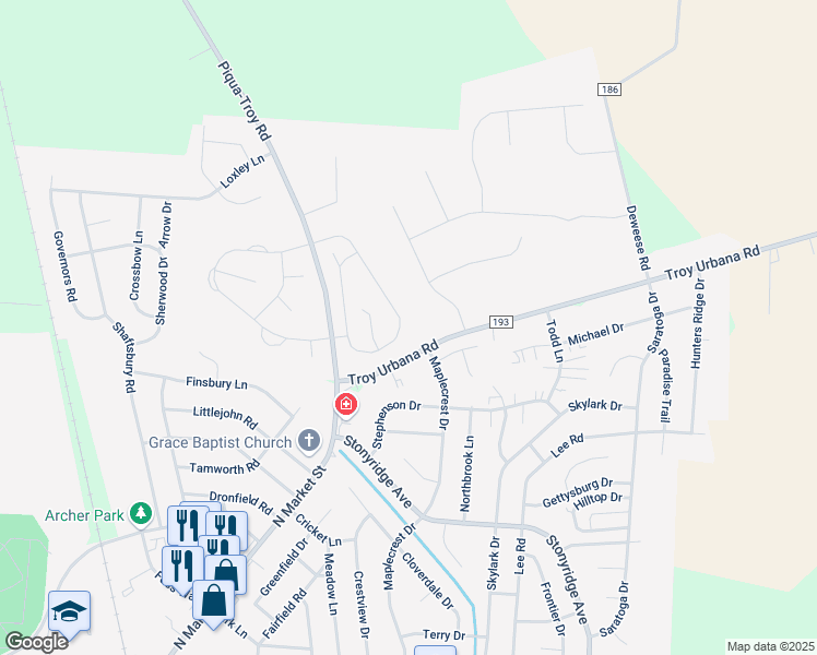 map of restaurants, bars, coffee shops, grocery stores, and more near 1480 Maplecrest Drive in Troy