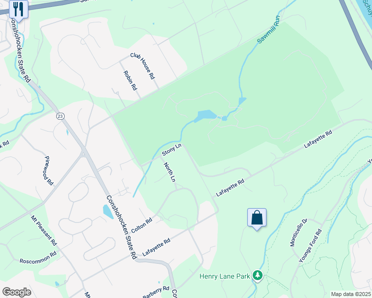 map of restaurants, bars, coffee shops, grocery stores, and more near 953 Stony Lane in Gladwyne