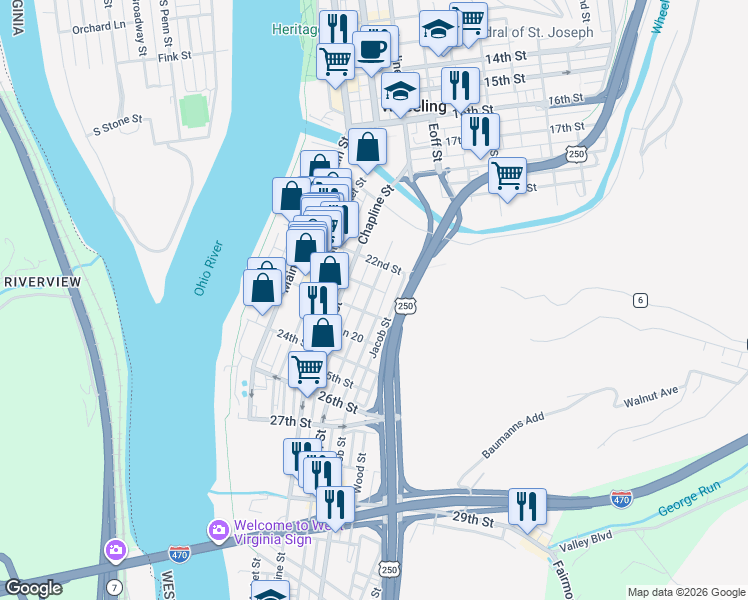 map of restaurants, bars, coffee shops, grocery stores, and more near 2308 Eoff Street in Wheeling