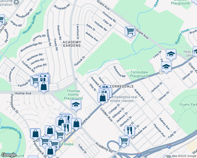 map of restaurants, bars, coffee shops, grocery stores, and more near 3810 Karen Street in Philadelphia