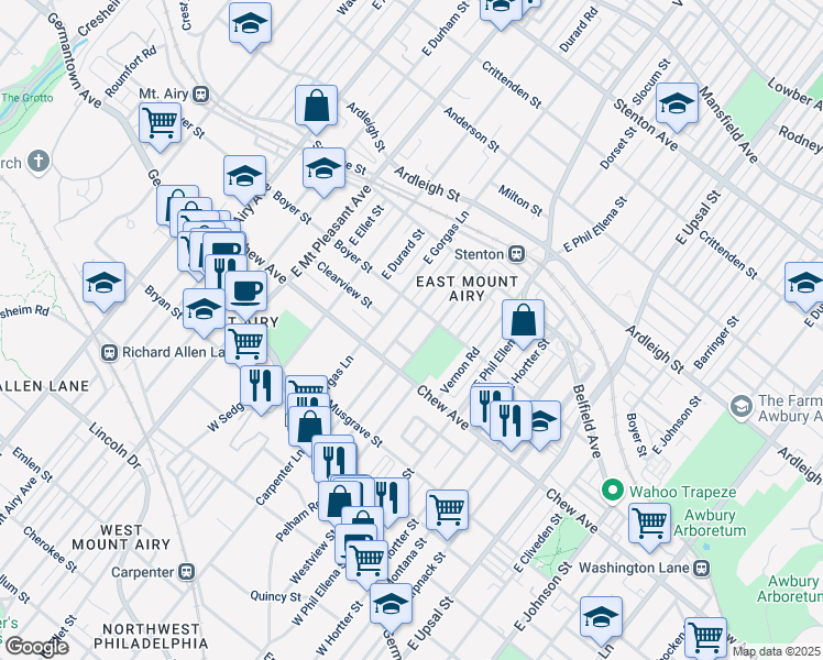 map of restaurants, bars, coffee shops, grocery stores, and more near 252 Meehan Avenue in Philadelphia