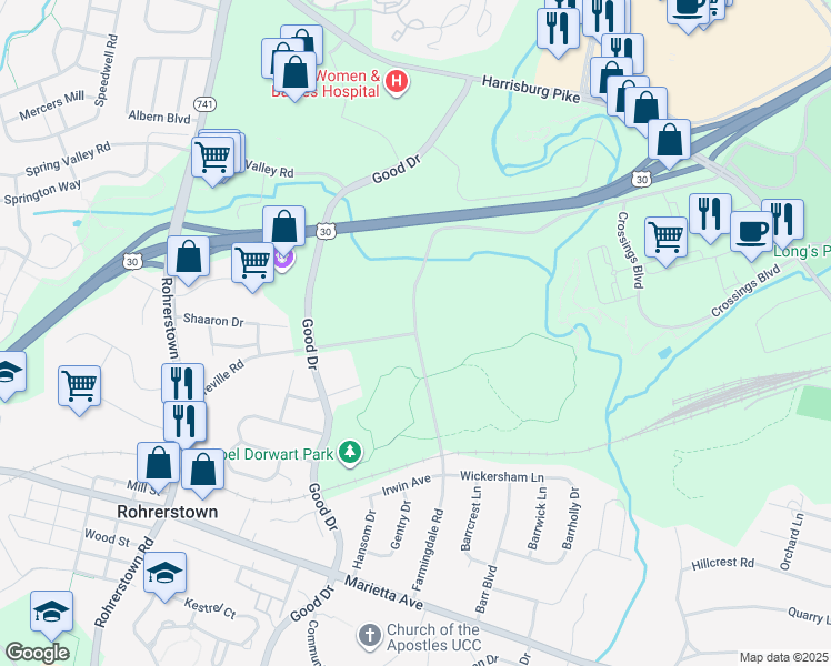map of restaurants, bars, coffee shops, grocery stores, and more near 901 Farmingdale Road in Lancaster