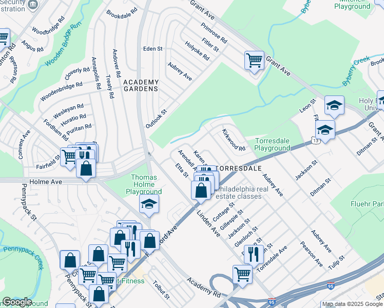 map of restaurants, bars, coffee shops, grocery stores, and more near 3810 Karen Street in Philadelphia