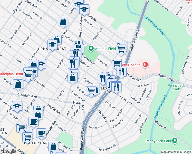 map of restaurants, bars, coffee shops, grocery stores, and more near 2337 Ripley Street in Philadelphia