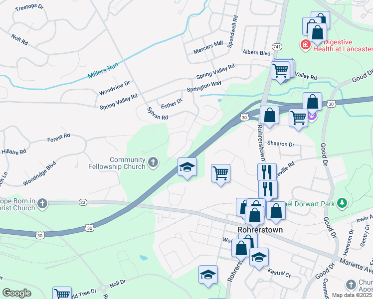 map of restaurants, bars, coffee shops, grocery stores, and more near 223 Bethel Drive in Lancaster