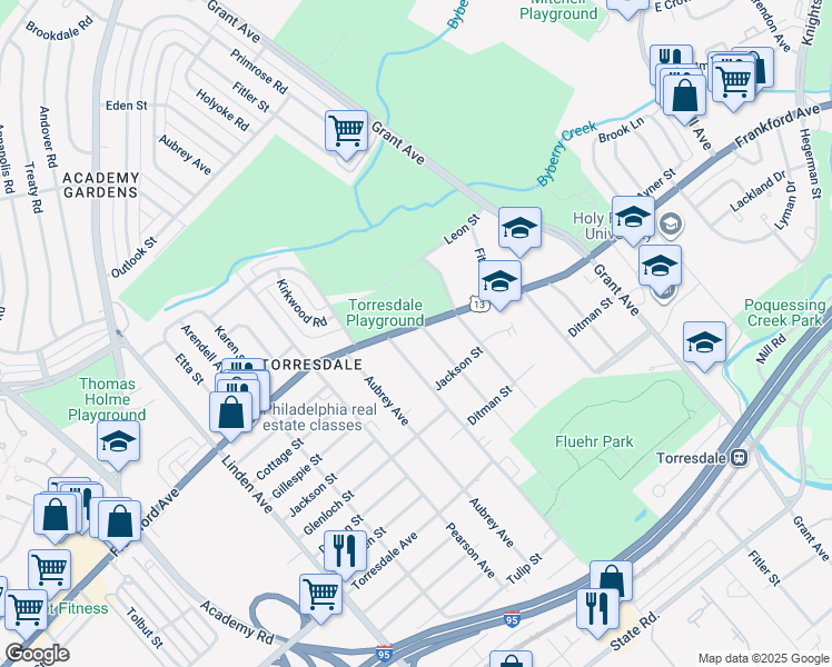 map of restaurants, bars, coffee shops, grocery stores, and more near 9541 Frankford Avenue in Philadelphia