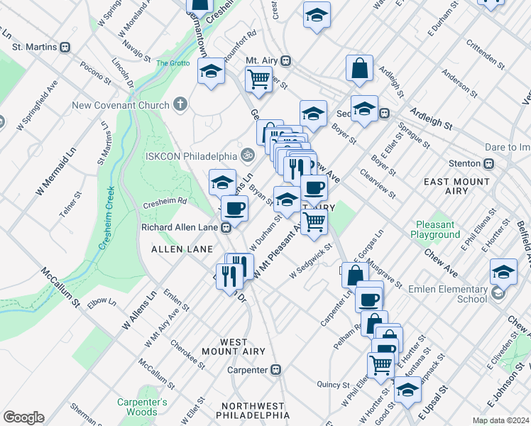 map of restaurants, bars, coffee shops, grocery stores, and more near 114 West Mount Airy Avenue in Philadelphia