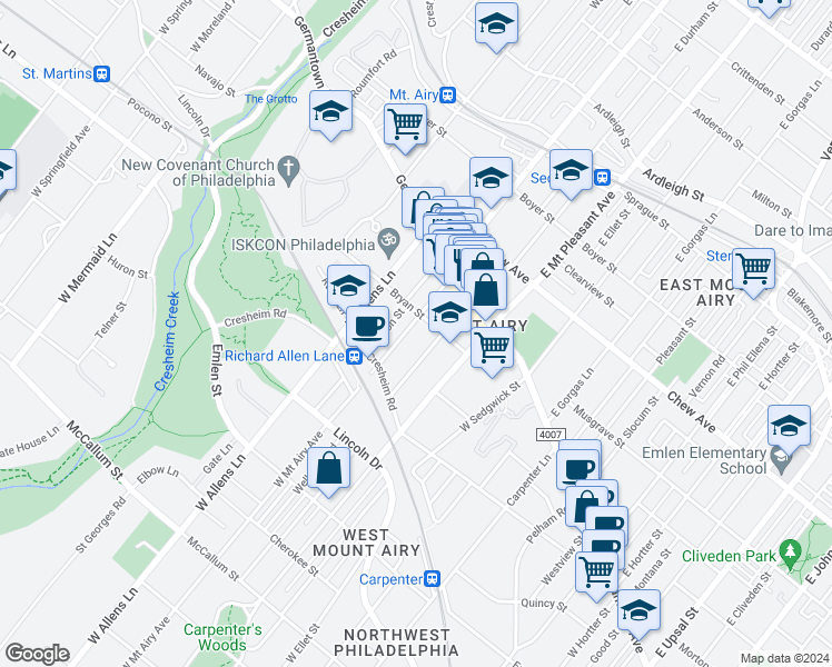 map of restaurants, bars, coffee shops, grocery stores, and more near 114 West Mount Airy Avenue in Philadelphia