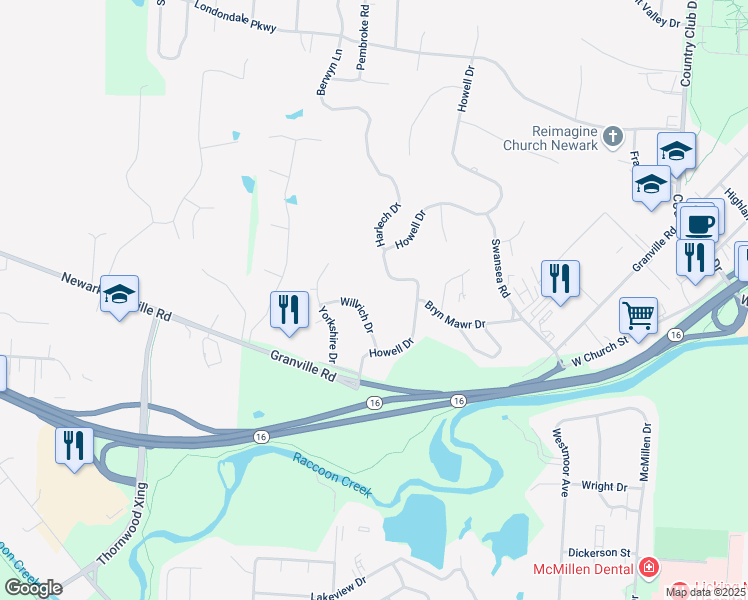 map of restaurants, bars, coffee shops, grocery stores, and more near 516 Willrich Drive in Newark