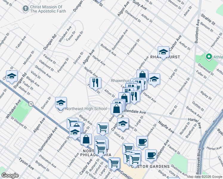 map of restaurants, bars, coffee shops, grocery stores, and more near 1819 Faunce Street in Philadelphia