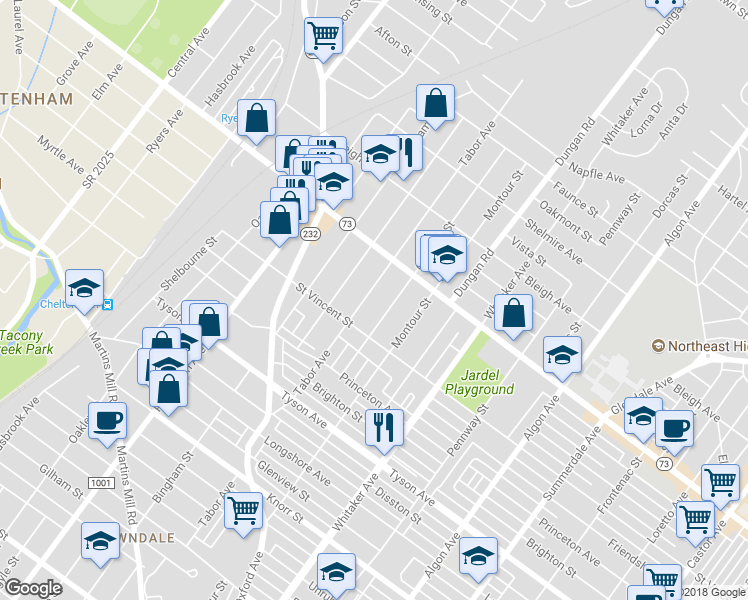 map of restaurants, bars, coffee shops, grocery stores, and more near 7229 Tabor Avenue in Philadelphia