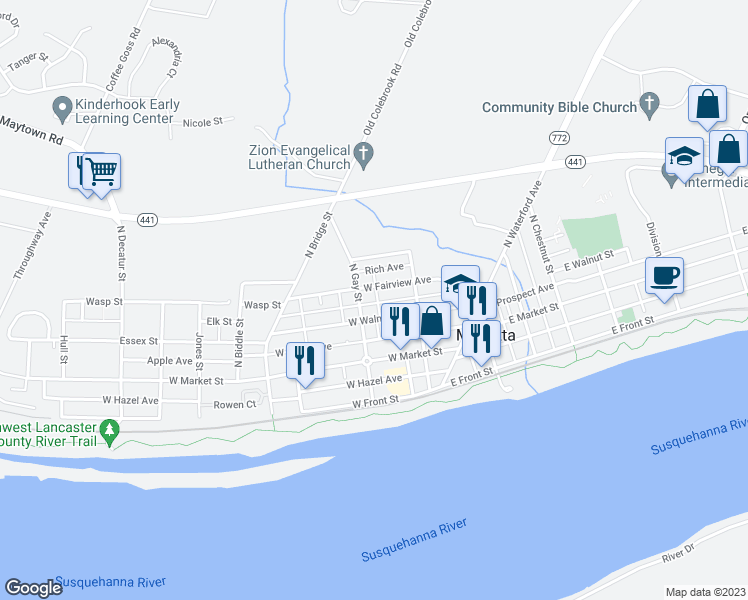 map of restaurants, bars, coffee shops, grocery stores, and more near 120 North Gay Street in Marietta