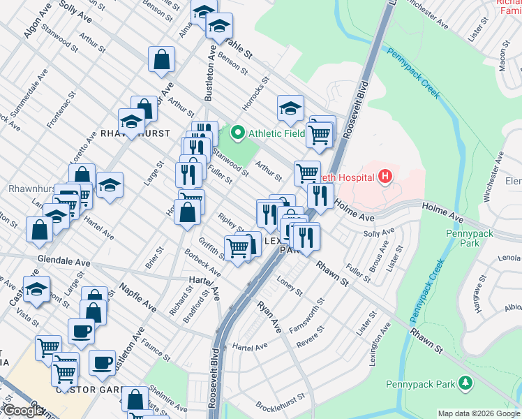 map of restaurants, bars, coffee shops, grocery stores, and more near 2411 Rhawn Street in Philadelphia