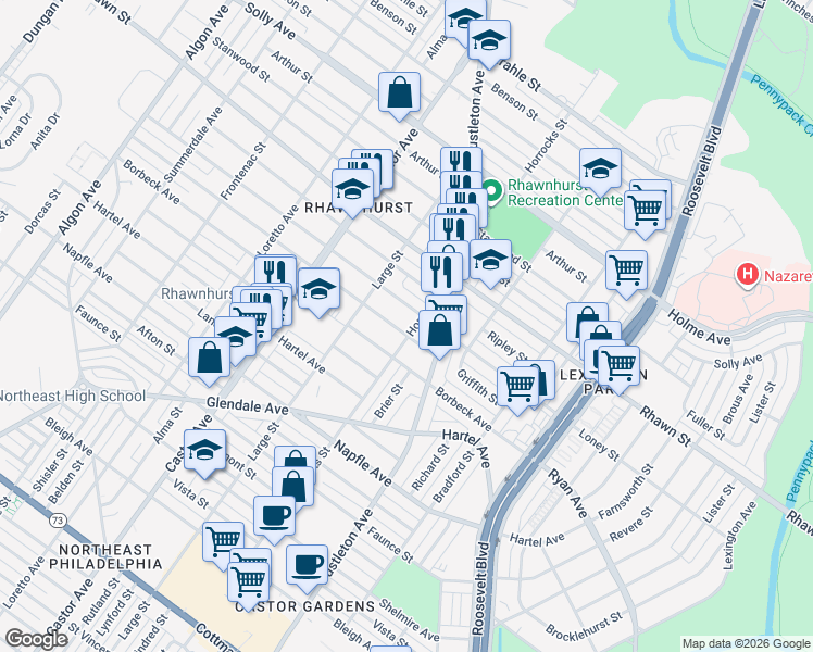 map of restaurants, bars, coffee shops, grocery stores, and more near 2206 Griffith Street in Philadelphia