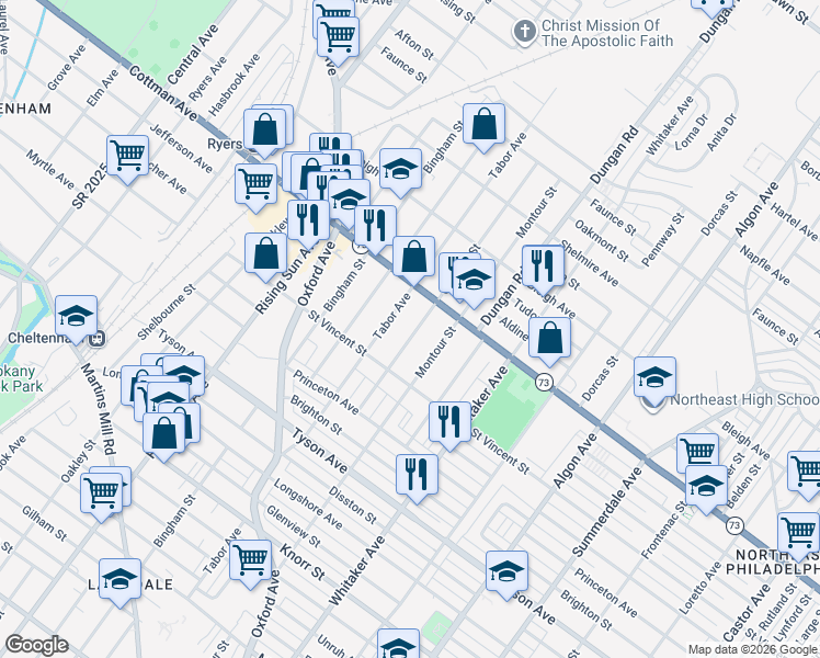 map of restaurants, bars, coffee shops, grocery stores, and more near 7217 Claridge Street in Philadelphia