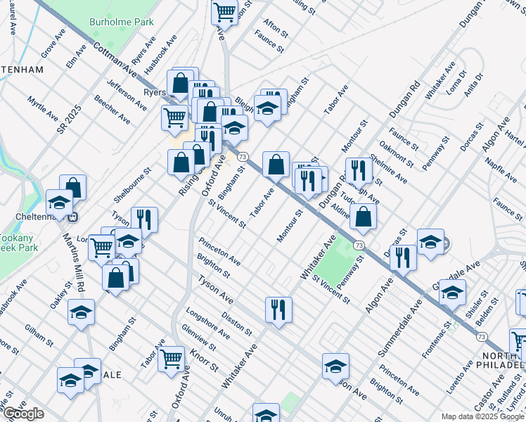 map of restaurants, bars, coffee shops, grocery stores, and more near 7229 Tabor Avenue in Philadelphia