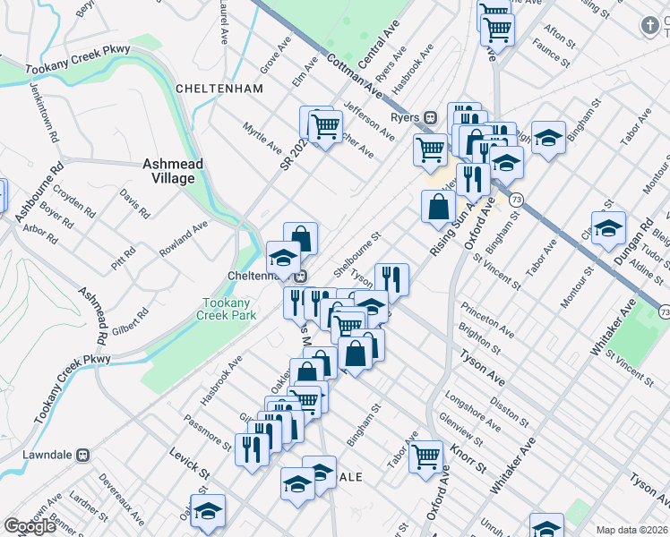map of restaurants, bars, coffee shops, grocery stores, and more near 6927 Shelbourne Street in Philadelphia