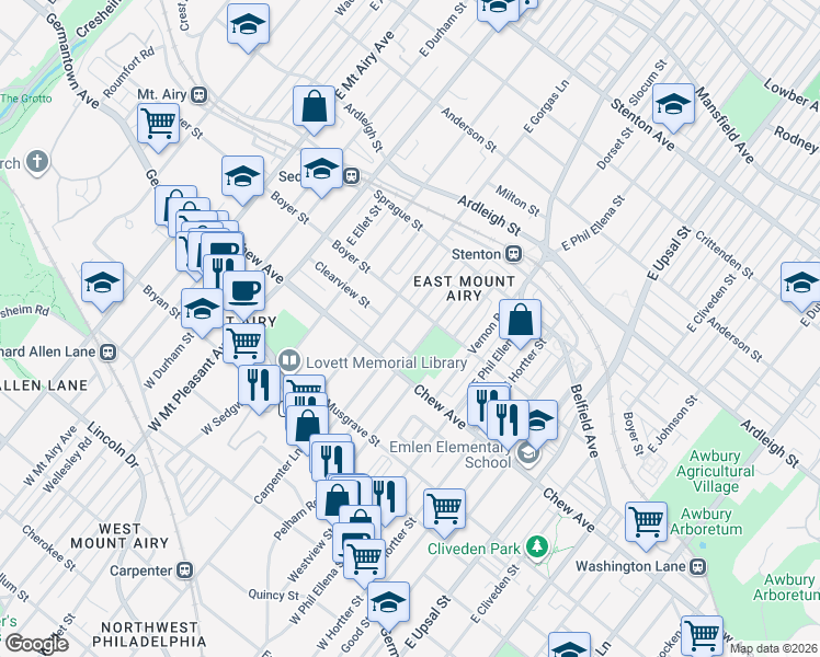 map of restaurants, bars, coffee shops, grocery stores, and more near 6802 Clearview Street in Philadelphia