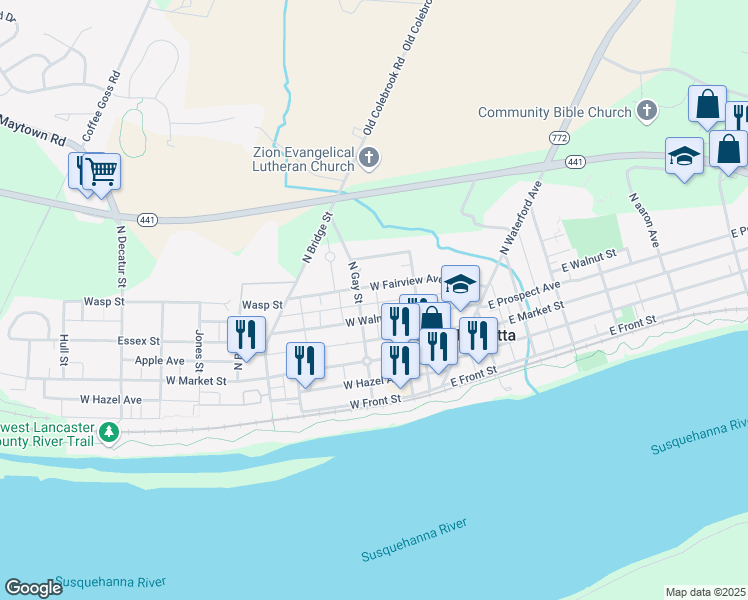 map of restaurants, bars, coffee shops, grocery stores, and more near 38 North Gay Street in Marietta