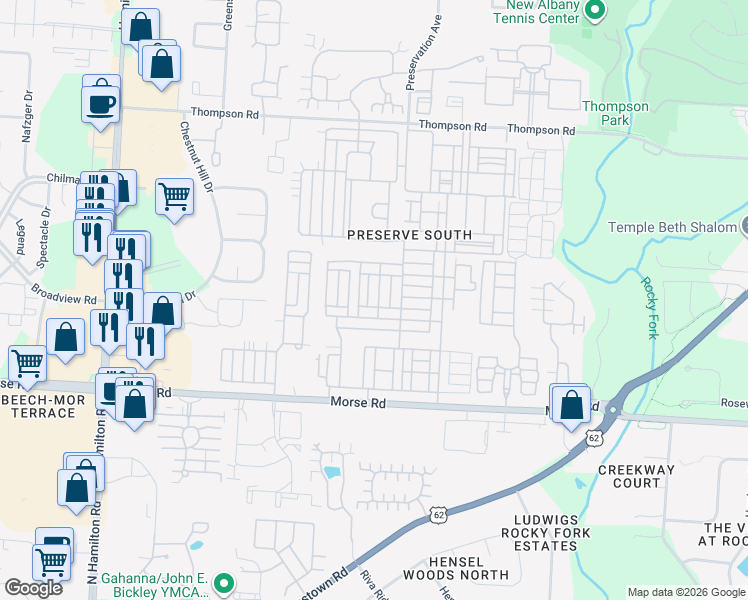 map of restaurants, bars, coffee shops, grocery stores, and more near 6189 Needletail Road in Columbus