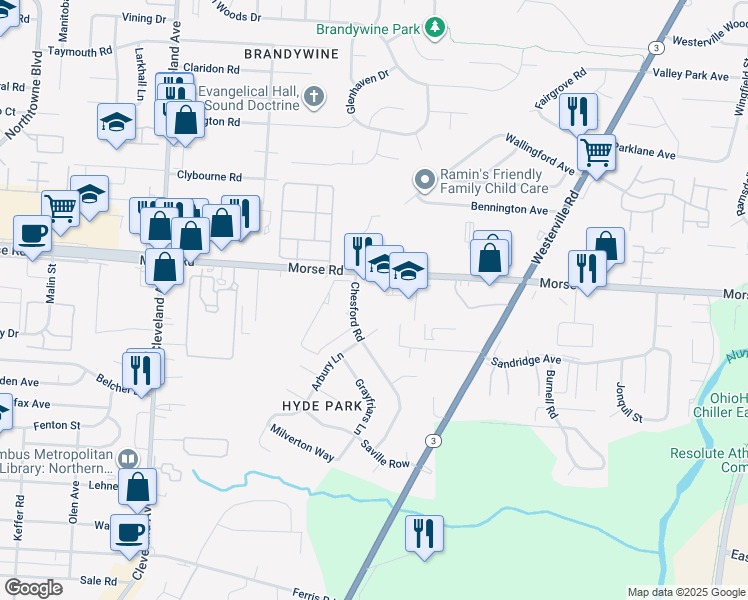 map of restaurants, bars, coffee shops, grocery stores, and more near 2738 Arbury Court in Columbus
