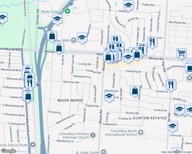 map of restaurants, bars, coffee shops, grocery stores, and more near 4480 Wetmore Road East in Columbus