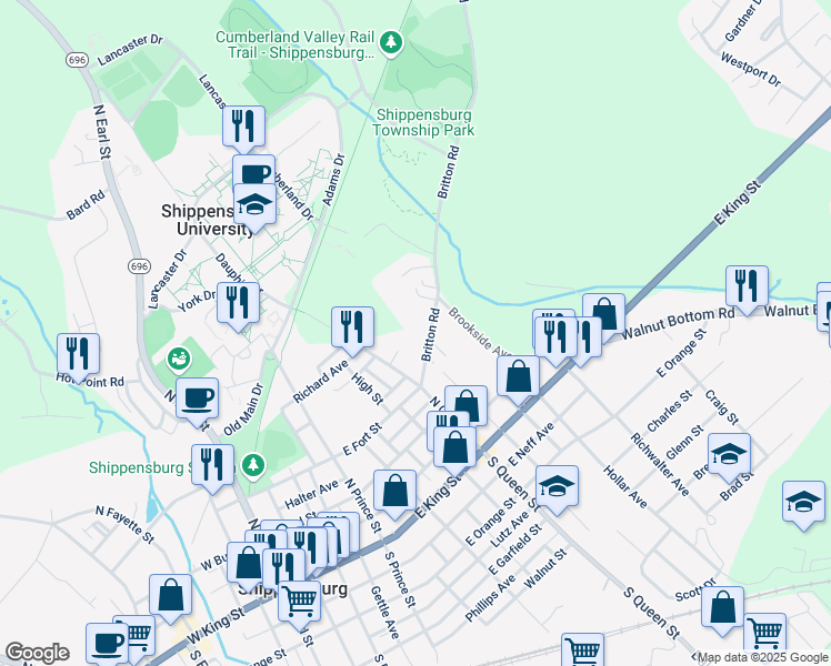 map of restaurants, bars, coffee shops, grocery stores, and more near 20 Britton Road in Shippensburg