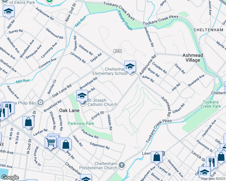 map of restaurants, bars, coffee shops, grocery stores, and more near 109 Emory Ln in Cheltenham