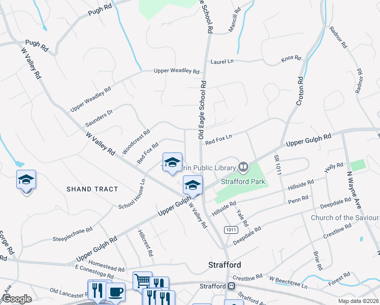 map of restaurants, bars, coffee shops, grocery stores, and more near 468 School Lane in Wayne