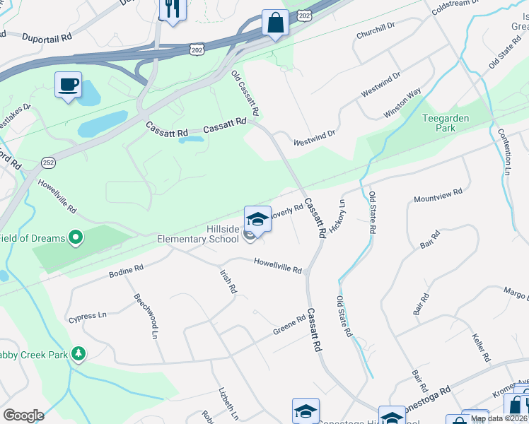 map of restaurants, bars, coffee shops, grocery stores, and more near 884 Cloverly Road in Berwyn