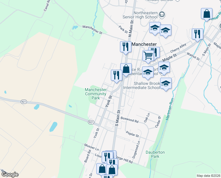 map of restaurants, bars, coffee shops, grocery stores, and more near 114 York Street in Manchester