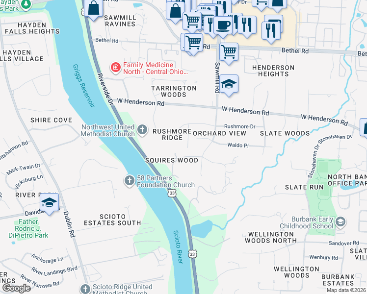 map of restaurants, bars, coffee shops, grocery stores, and more near 2900 Squires Ridge in Columbus