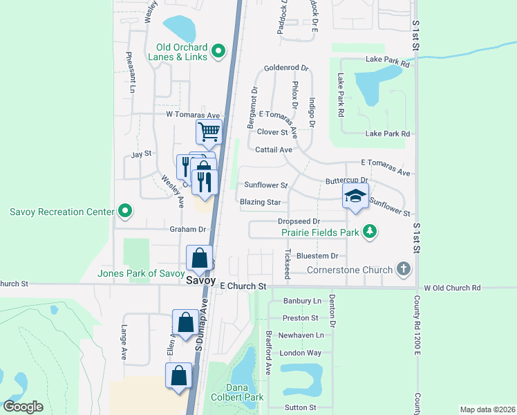 map of restaurants, bars, coffee shops, grocery stores, and more near 109 Dropseed Drive in Savoy