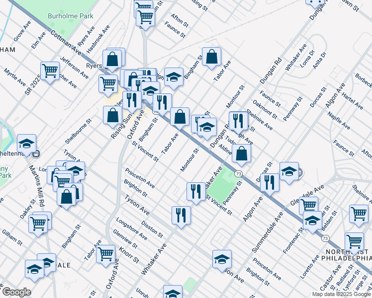 map of restaurants, bars, coffee shops, grocery stores, and more near 7247 Claridge Street in Philadelphia